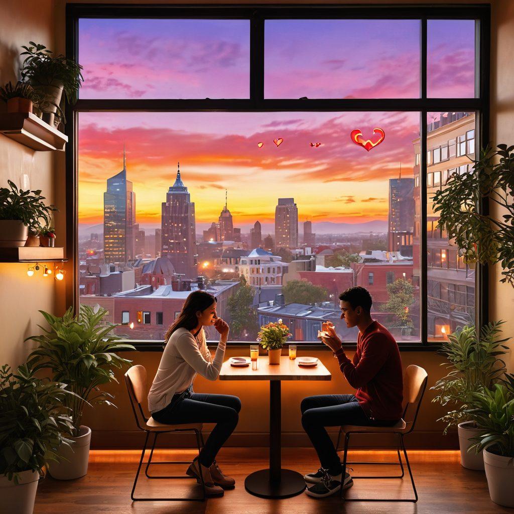 A cozy café setting with two people engaging in a heartfelt conversation, surrounded by warm lighting and vibrant plants. Include subtle symbols of connection like intertwined hands and floating hearts to represent intimacy. In the background, a cityscape can be seen through large windows, blending everyday life with personal connections. super-realistic. warm colors. inviting atmosphere.