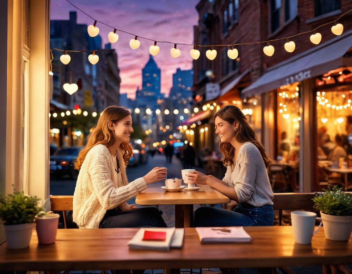 A cozy, dimly lit café setting with two people engaged in light-hearted conversation, surrounded by whimsical decorations and soft heart-shaped bokeh lights. A contrasting backdrop of a cityscape at sunset reflects the complexities of modern romance. Add elements of casual encounters like playful text messages on a phone and coffee cups with heart designs. vibrant colors. soft focus. 3D.