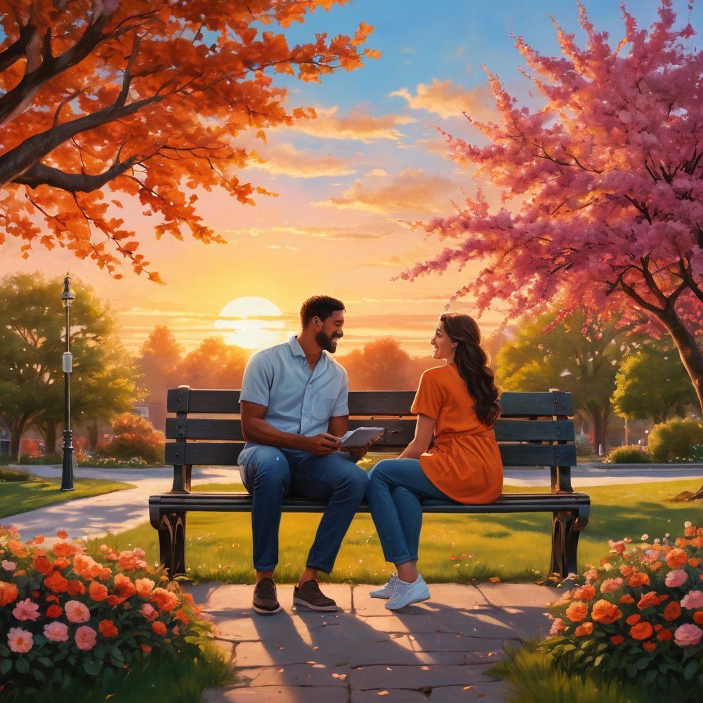 A serene scene of two individuals sitting together on a cozy park bench, sharing a heartfelt laugh, surrounded by blooming flowers symbolizing growth and connection. In the background, a sunset paints the sky in warm colors, representing the warmth of intimacy. Little hearts and floating leaves add a touch of whimsy, capturing the essence of modern love. super-realistic. vibrant colors. peaceful atmosphere.